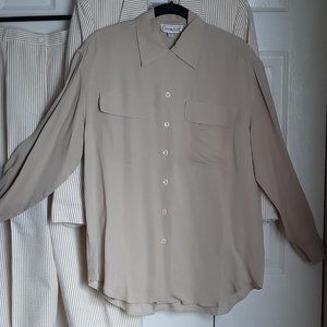 Christie & Jill Silk Long-Sleeve Tan / Cream Camp Shirt Blouse Size XS